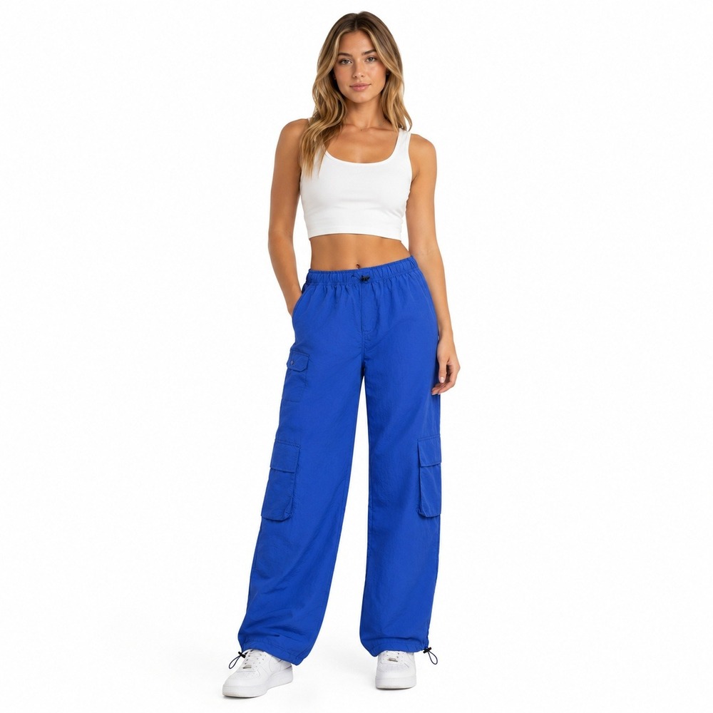 Love Tree Parachute Pants Women Large Blue Cargo Wide Leg Bungee Hem Streetwear